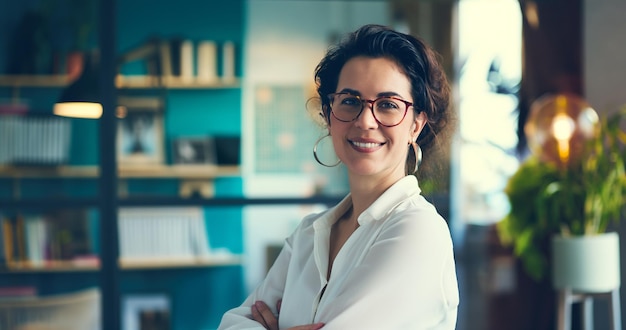 Portrait of smiling businesswoman in eyeglasses standing in office