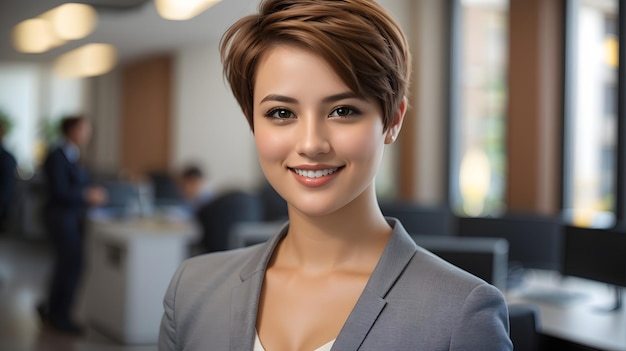 portrait of smiling businesswoman in office she is looking at camera