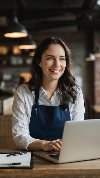 Portrait of smiling caucasian female barista cafe owner entrepreneur working on laptop indoors p