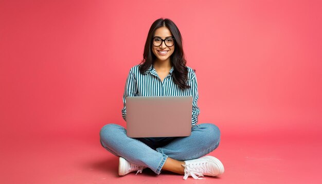 Portrait of a smiling cheerful Indian woman using Laptop