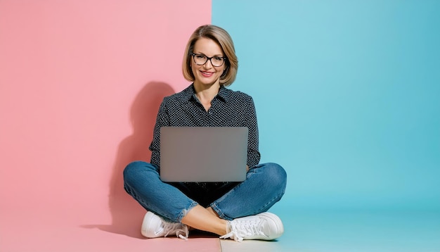 Portrait of a smiling cheerful women using Laptop