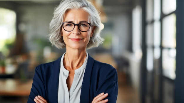 Portrait of a smiling confident mature businesswoman of 50 years old dressing in a stylish suit and glasses in the office of the company