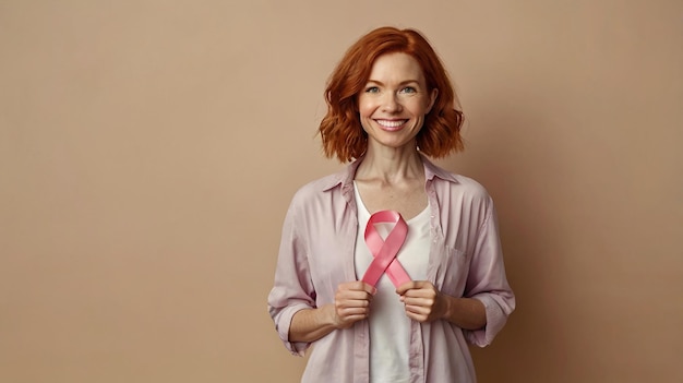 Photo portrait of smiling confident red haired woman holding breast cancer pink ribbon isolated on beige background health care support prevention breast cancer awareness month concept