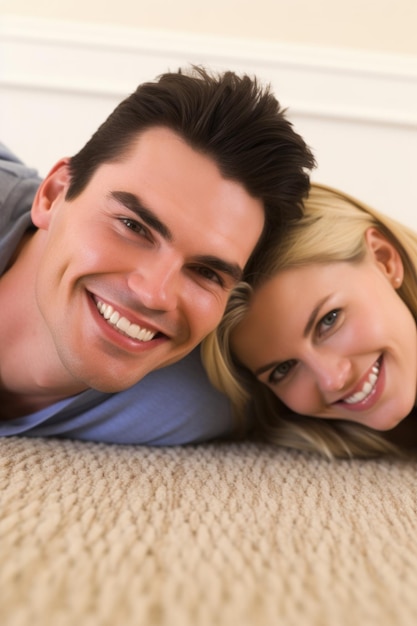 Portrait of a smiling couple laying on their living room carpet