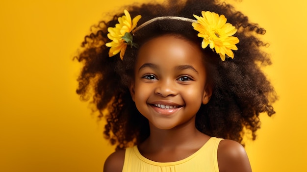 Photo portrait of smiling cute african american child girl with perfect skin yellow background banner