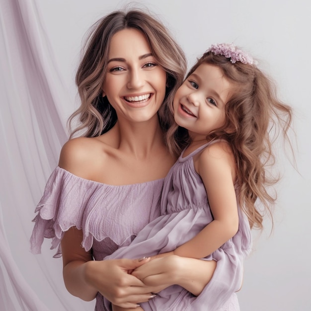 Portrait of a smiling cute little girl hug cuddle excited smiling young mum show love and affection