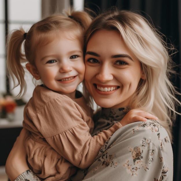 Portrait of a smiling cute little girl hug cuddle excited smiling young mum show love and affection