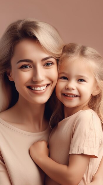 Portrait of a smiling cute little girl hug cuddle excited smiling young mum show love and affection