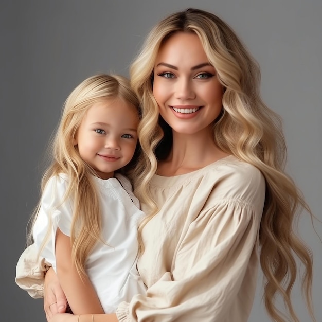 Portrait of a smiling cute little girl hug cuddle excited smiling young mum show love and affection