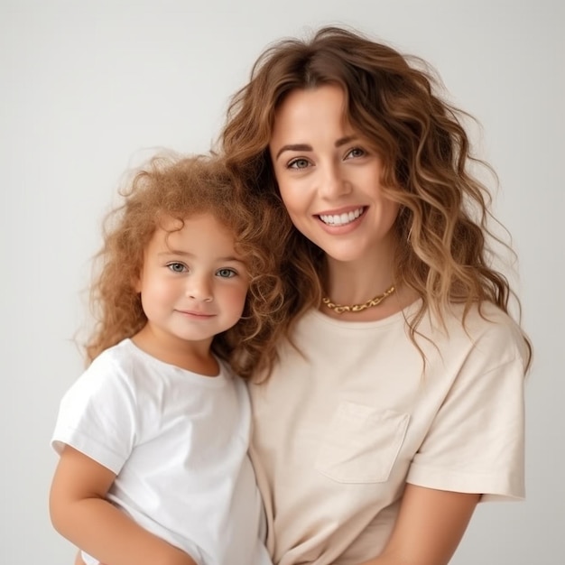 Portrait of a smiling cute little girl hug cuddle excited smiling young mum show love and affection