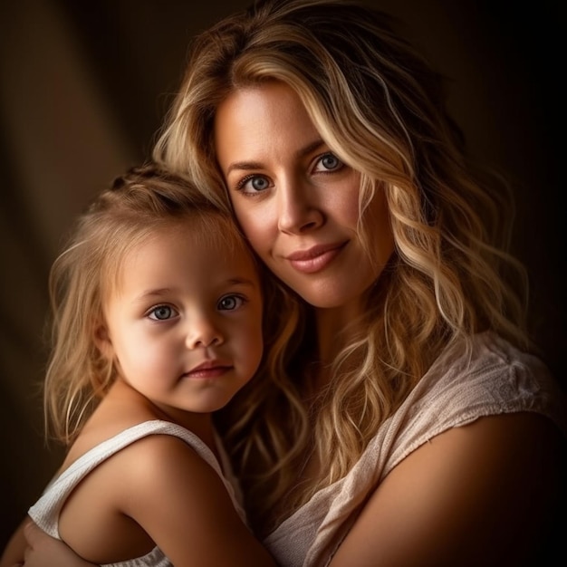 Portrait of a smiling cute little girl hug cuddle excited smiling young mum show love and affection