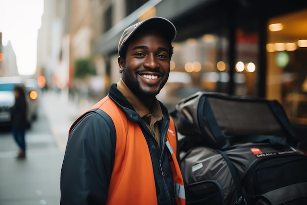 Portrait of smiling delivery man with parcels in the city street