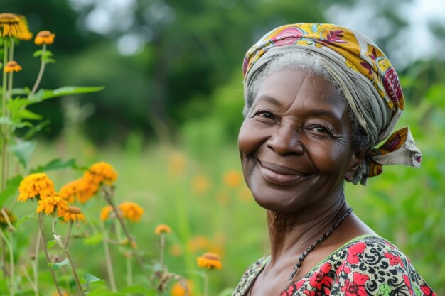 Portrait of a smiling elderly African woman with traditional headwear in a natural setting