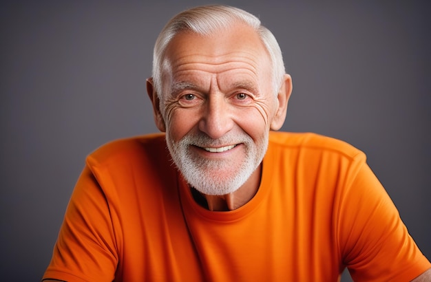 Portrait of a smiling elderly man in an orange sweater looking at the camera A handsome elderly man