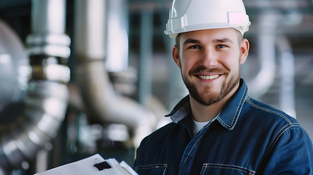 Photo portrait of smiling engineering technician at industrial worksite