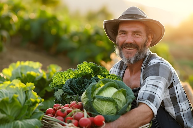 Portrait of smiling farmer holding basket full of freshly harvested vegetables