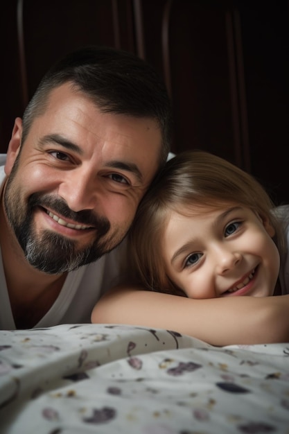 Portrait of a smiling father and daughter lying together on a bed created with generative ai