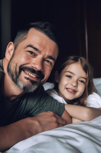 Portrait of a smiling father and daughter lying together on a bed created with generative ai