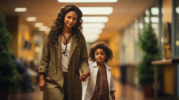 Portrait of smiling female doctor holding hand of little girl in hospital corridorgenerative ai