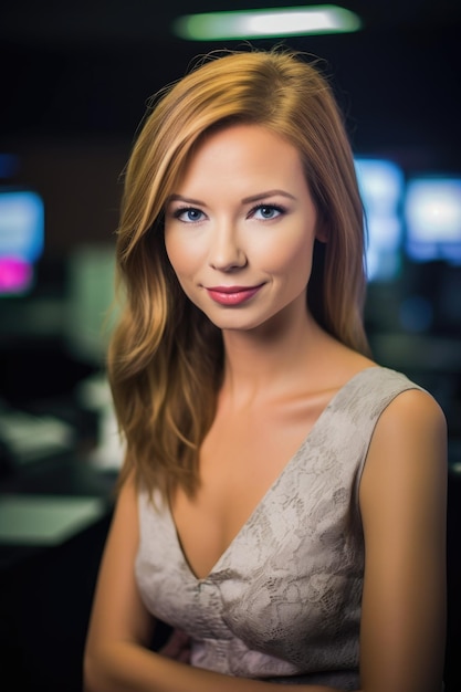 portrait of a smiling female reporter in the newsroom created with generative ai