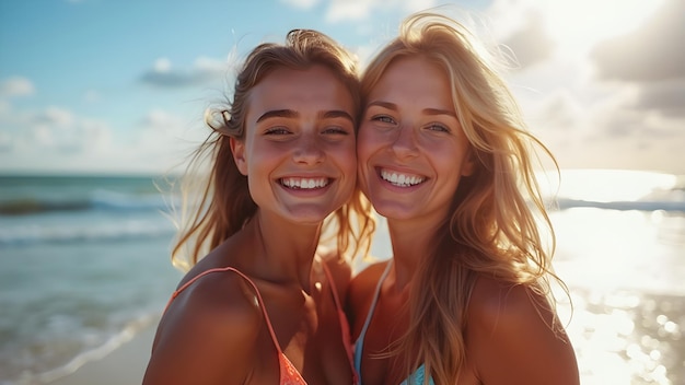 Photo portrait of smiling friends standing at beach