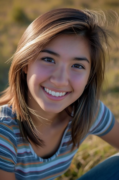 portrait of a smiling girl in her twenties with random ethnicity random head shape