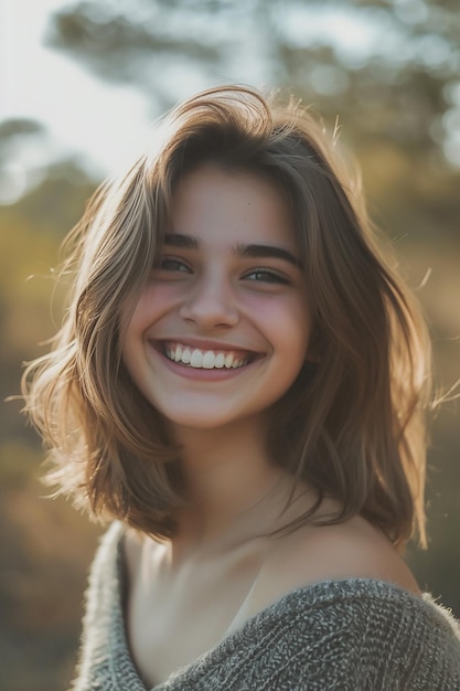 portrait of a smiling girl in her twenties with random ethnicity random head shape