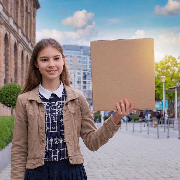 Portrait of a smiling girl holding a piece of blank cardboard in her hand ad campaign