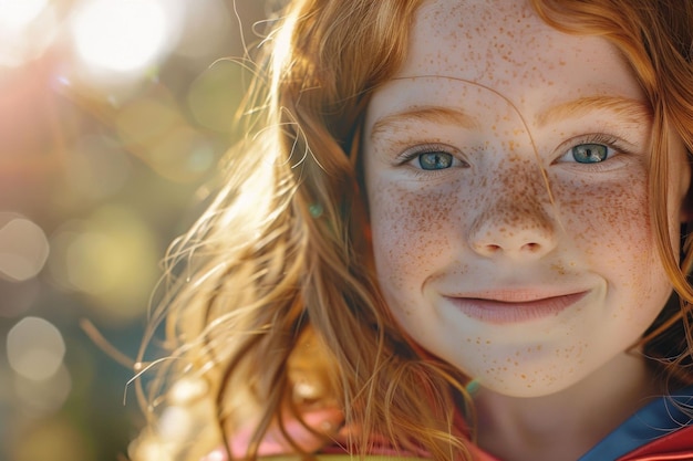 Portrait of a smiling girl with red hair and freckles in nature soft sunlight creating a warm bokeh effect in the background