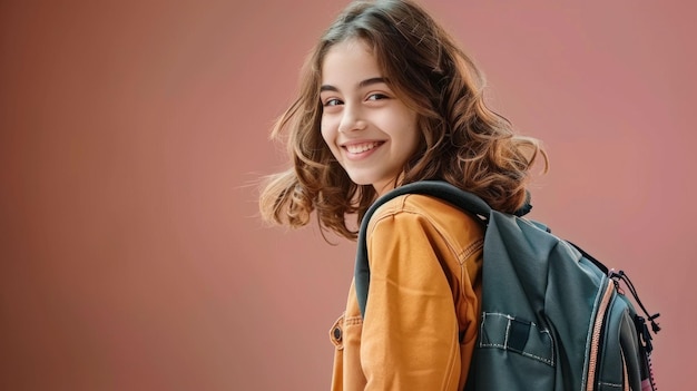 Portrait of a smiling girl with a school bag on a pink background for beauty and education concept