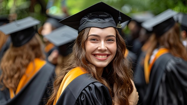 Portrait of smiling graduate girl wearing black cap Education and graduation theme