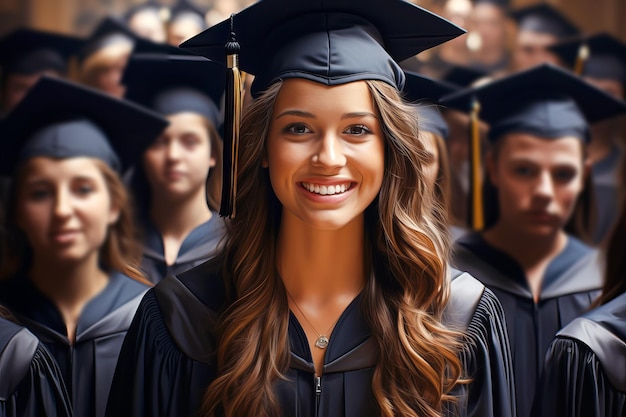 Portrait of a smiling graduate girl wearing black cap and gown on background of other graduates