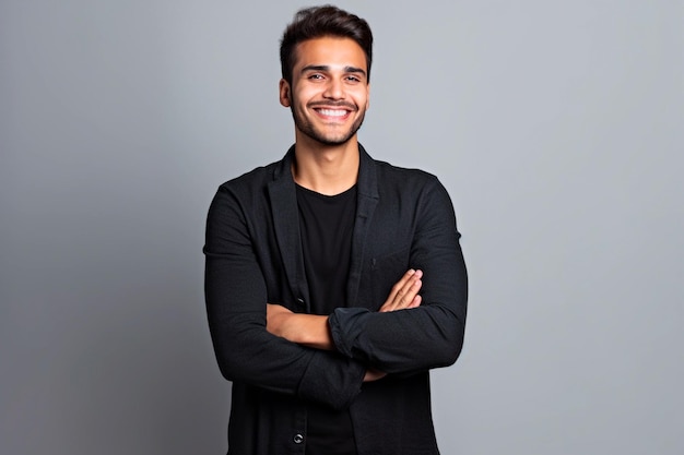 Portrait of a smiling handsome young man with arms crossed isolated on a gray background