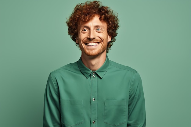 portrait of a smiling handsome young man with red curly hair in a green shirt