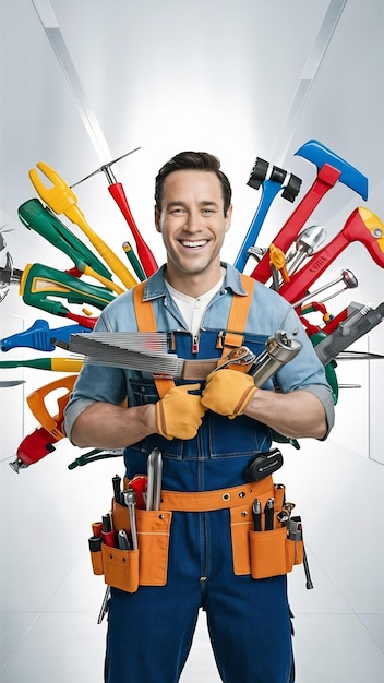 Portrait of smiling handyman with tools isolated on white