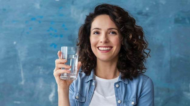 Portrait of a smiling healthy woman holding glass with water