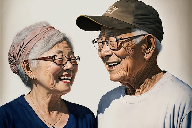 Portrait of smiling japanese senior couple Generative AI illustration