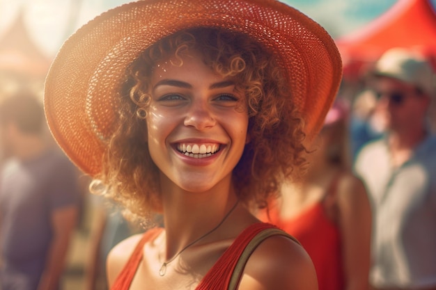 Portrait of smiling joyful young beautiful woman on summer party