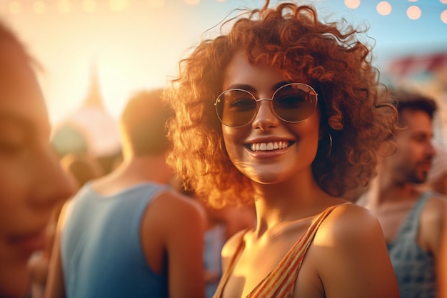 Portrait of smiling joyful young beautiful woman on summer party