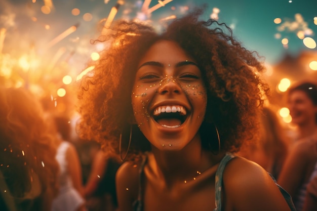 Portrait of smiling joyful young beautiful woman on summer party