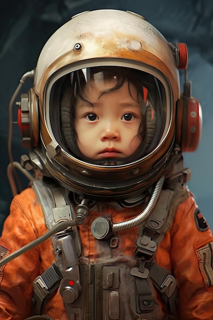 Portrait of a smiling little asian girl in an astronaut helmet future scientist future woman concept