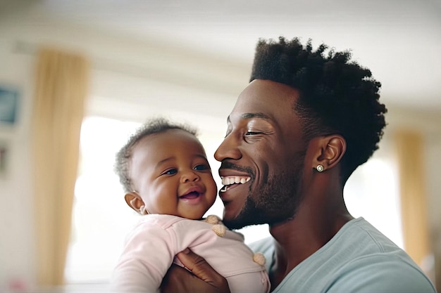 Portrait of a smiling loving dad with a cute happy baby at home created with Generative AI