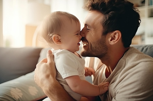 Portrait of a smiling loving dad with a cute happy baby at home created with Generative AI