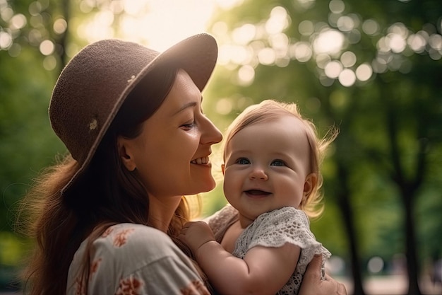 Portrait of a smiling loving mother with a cute happy baby outdoors created with Generative AI