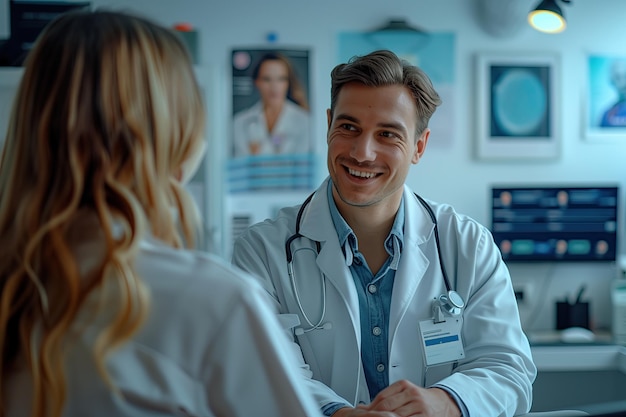 Portrait of smiling male doctor and female patient discussing while sitting in medical office