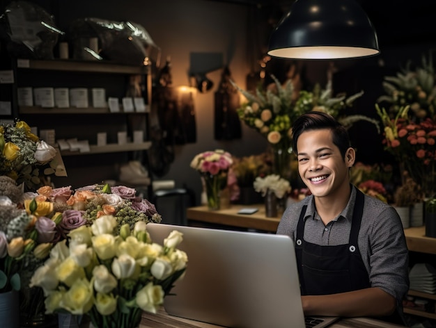 Portrait of smiling male florist using laptop in flower shop Generative AI