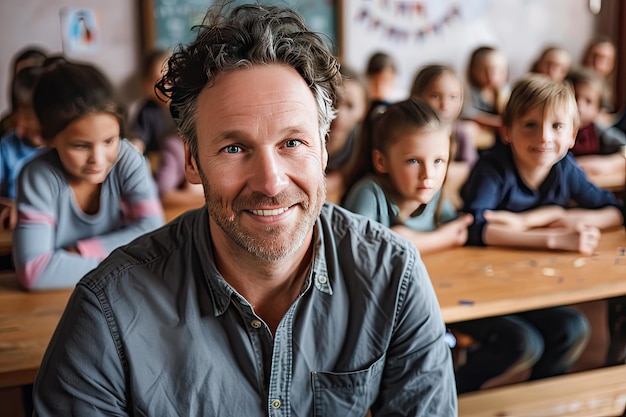 Portrait of smiling male teacher in a class at elementary school looking at camera