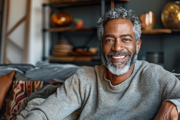 portrait of a smiling man sitting on a couch at home