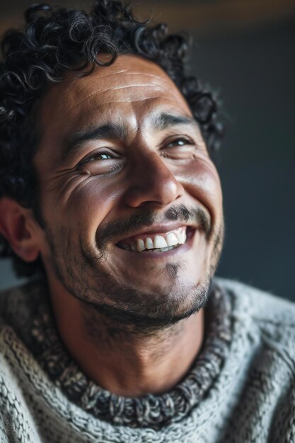 Portrait of a smiling man with curly hair in a sweater