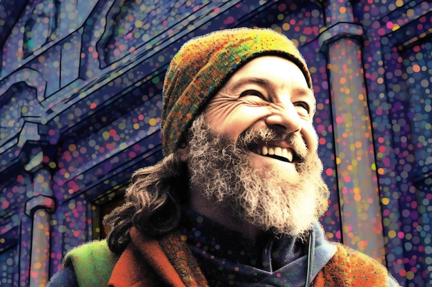 Portrait of a smiling man with long white beard and mustache on the street